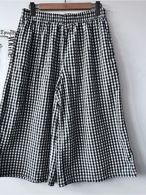 Lomon Black & White Gingham Boho Cropped Wide Leg Women’s Culottes Pants Size L
